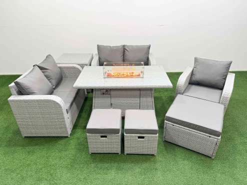 Fimous High Back Poly Rattan Garden Furniture Set with Reclining Chair Loveseat Sofa Firepit Dining Table Indoor Outdoor Patio Set 3 Stools Side Table Light Grey