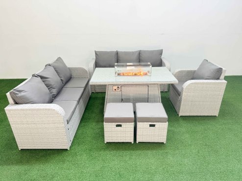 Fimous 9 Seater Poly Rattan Outdoor Garden Furniture Firepit Dining Table Sofa Set Patio 3 Seater Sofa Reclining Chair 3 Seater Sofa Stools Light Grey