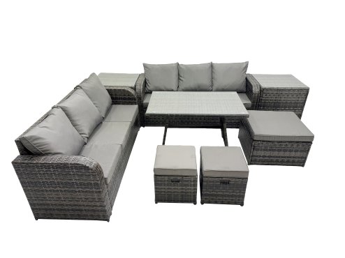 Fimous Garden Rattan Outdoor Furniture Set 9 Seater with 3 Seater Sofa 3 Stools 2 Side Table Dark Grey