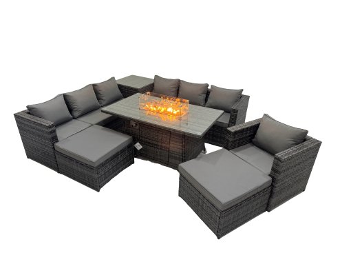Fimous 9 Seater Garden Outdoor Rattan Furniture Set Patio Corner Sofa Gas Firepit Dining Table with Side Table 2 Big Stools Dark Grey
