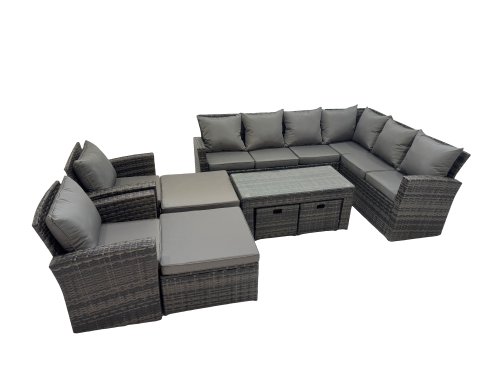 Fimous Rattan Garden Furniture Set 9 Pieces Outdoor Garden Sofa Oblong Coffee Table Set with Chair 4 Footstools Dark Grey Mixed