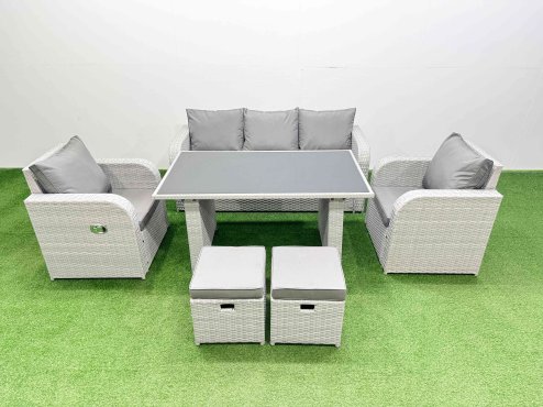 Fimous Outdoor Rattan Garden Furniture Dining Set 7-seater Patio Rectangular Table 3 Seater Sofa Reclining Chair Set with 2 Small Stools