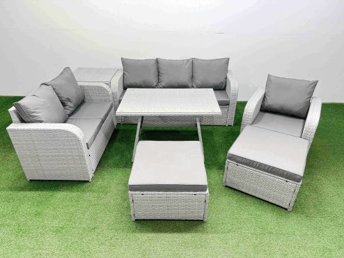 Fimous Rattan High Back Lounge Sofa Set Patio Dining Table & Chairs Set with 3 Seater Sofa Reclining Chair Side Table 2 Big Stool Light Grey