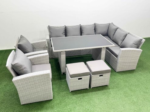 Fimous Outdoor Garden Furniture Sets 10 Seater Wicker Rattan Corner Sofa Sets with Rectangular Dining Table Lounge Sofa 2 Small Footstools Light Grey