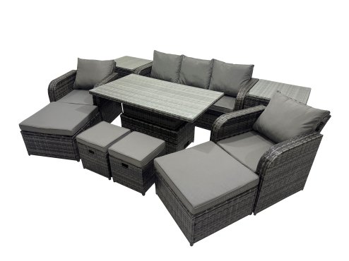 Fimous Rattan Garden Furniture Dining Set 8-seater Patio Height Adjustable Rising Lifting Table Sofa Set with 2 Side Table 2 Big Footstool Dark Grey Mixed