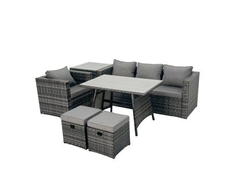 Fimous Rattan Dining Table Sofa Armchair Set with Side Table Small Footstool Outdoor Garden Furniture Set Dark Grey Mixed