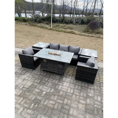 Fimous Outdoor Lounge Rattan Sofa Set Garden Furniture Gas Firepit Set Dining Table Patio Heater 2 Chair 2 Coffee Table Dark Grey Mixed