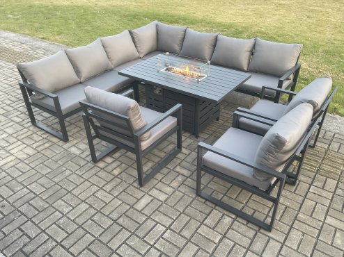 Fimous Aluminium 9 Pieces Garden Furniture Corner Sofa Set with Cushions Gas Fire Pit Dining Table Set Gas Heater Burner with 3 Chairs Dark Grey