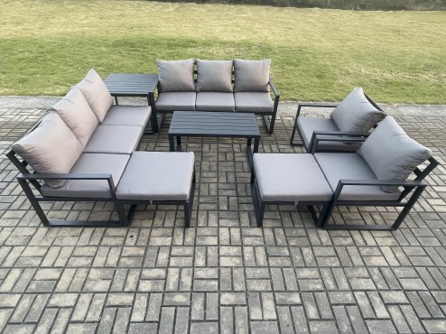 Fimous Aluminium Outdoor Garden Furniture Lounge Sofa 2 PC Chairs Oblong Coffee Table Sets with Side Table 2 Big Footstool Dark Grey