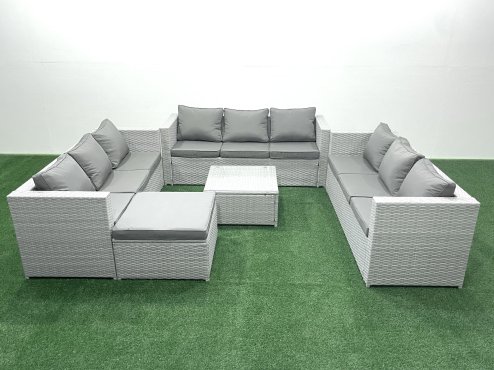 Fimous Rattan Garden Outdoor Furniture Set 10 Seater Rattan Garden Sofa Set with Big Footstool Light Grey Mixed