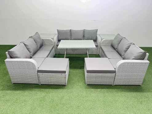 Fimous 11 Seat Outdoor PE Rattan Garden Furniture with Cushions 3 Seater Sofa 2 Side Tables 2 Big Stools Light Grey