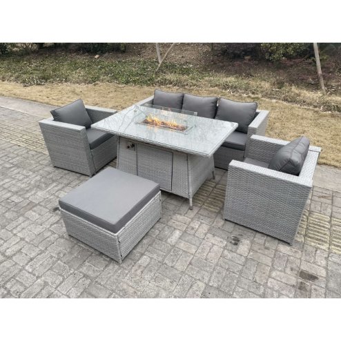 Fimous Light Grey Rattan Fire Pit Garden Furniture Set Gas Heater Burner Chairs With Big Footstool