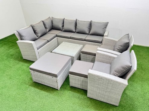 Fimous Outdoor Rattan Garden Furniture Set 11 Seater Corner Sofa Sets with Square Coffee Table Chair 3 Footstools Light Grey Mixed