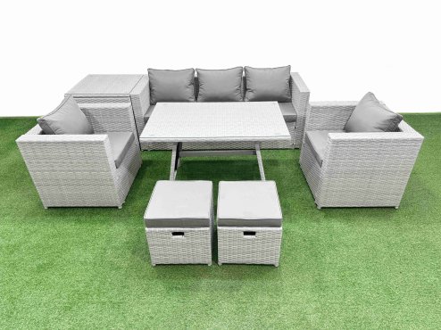 Fimous 8 Pieces Outdoor PE Rattan Sofa Armchair Set Patio Garden Furniture Sets with Cushions Side Table 2 Small Stools Light Grey