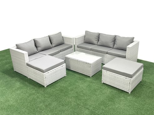 Fimous Garden Outdoor PE Rattan Furniture Set 8 Seater Rattan Garden Sofa Set with 2 Big Footstools Light Grey Mixed