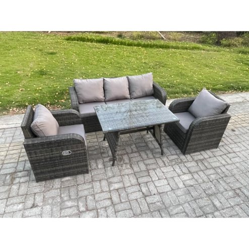 Fimous Rattan Wicker Garden Furniture Patio Conservatory Sofa Set with Rectangular Dining Table Reclining Chair 3 Seater Sofa
