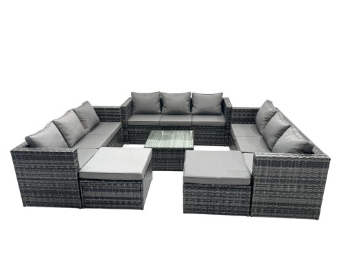 Fimous Outdoor Rattan Garden Furniture Set 11 Seater Patio Lounge Sofa Set with Square Coffee Table 2 Big Footstools Dark Grey Mixed