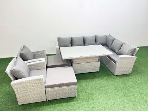 Fimous 10 Seat Rattan Garden Furniture Corner Sofa Set Outdoor Adjustable Lifting Dining or Coffee Table Set with Armchair Light Grey