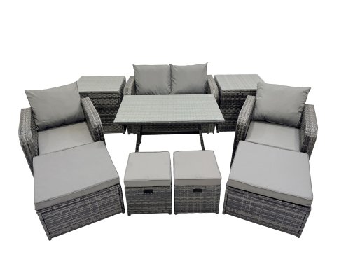 Fimous 8 Seater Garden Outdoor Rattan Furniture Set Rattan Sofa Oblong Dining Table with 2 Big Stools 2 Side Table Dark Grey