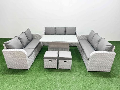 Fimous PE Rattan Lounge Sofa Set 11 Seater Outdoor Garden Furniture Set with Adjustable Lifting Dining or Coffee Table 3 Seater Sofa 2 Stools Light Grey