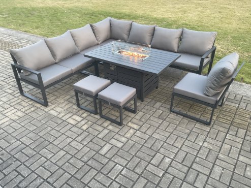 Fimous Aluminium Lounge Corner Sofa Outdoor Garden Furniture Sets Gas Fire Pit Dining Table Set with 2 Small Footstools Dark Grey