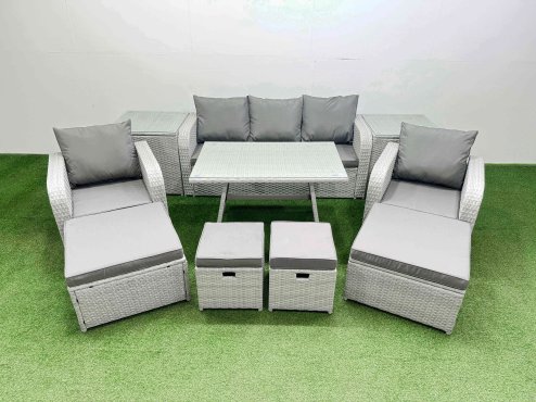 Fimous Rattan Garden Furniture Dining Set 9-seater Patio Rectangular Table Sofa Set with 2 Side Tables 4 Stools Light Grey