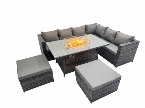 Fimous Garden Rattan Furniture Set 8 Seater Outdoor Corner Sofa Gas Firepit Dining Table Set with 2 Big Stools Dark Grey
