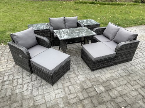 Fimous 7 Seater Outdoor Garden Dining Sets Rattan Furniture With Dining Table Armchairs Love Sofa 2 Big Footstool 2 Side Tables Dark Grey Mixed