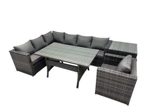 Fimous Outdoor PE Rattan Sofa Set with Dining Table Patio Garden Furniture Sets with Chair Side Table Dark Grey Mixed