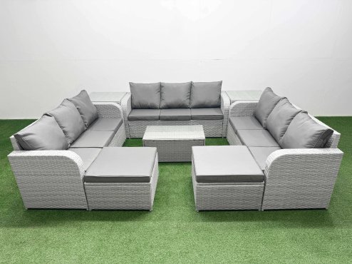 Fimous PE Rattan Lounge Sofa Set 11 Seater Outdoor Garden Furniture Set with Rectangular Coffee Table 3 Seater Sofa 2 Big Footstools 2 Side Table Light Grey Image