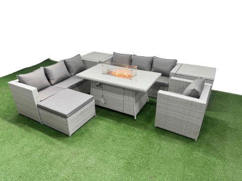 Fimous 8 Seat PE Rattan Lounge Sofa Set Outdoor Garden Furniture Set with Firepit Dining Table 3 Seater Sofa Big Stool 2 Side Tables Light Grey