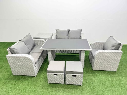 Fimous Rattan Sofa Outdoor Furniture with Dining Table,Side Table,Love Sofa,2 Small Stools Patio Furniture Light Grey 7 Seater