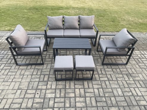 Fimous Aluminium Patio Outdoor Furniture Set 7 Seater Garden Sofa with Oblong Coffee Table 2 Small Footstools 2 Armchairs Dark Grey