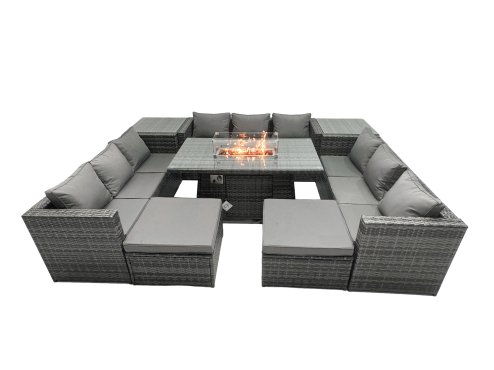 Fimous Rattan Garden Furniture Firepit Dining Set Outdoor 11 Seater Patio with Glass Top Dining Table 2 Side Tables