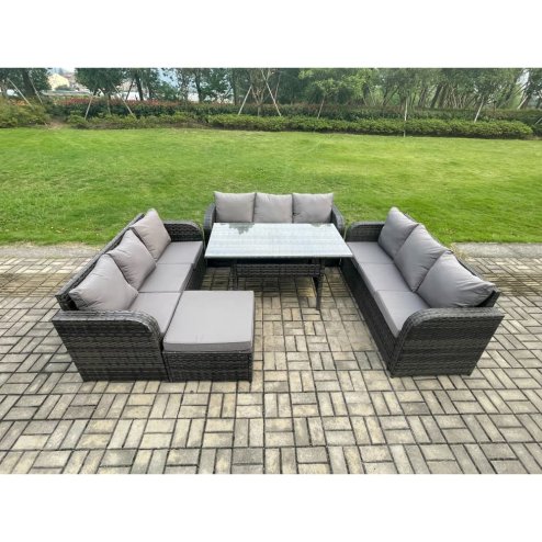 Fimous Patio Rattan Garden Furniture Set with Oblong Rectangular Dining Table Big Footstool 10 Seater Outdoor Lounge Sofa Set Dark Grey Mixed