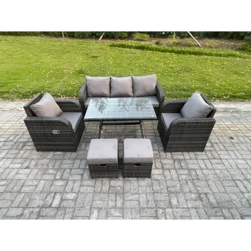 Fimous 7 Seater Rattan Wicker Garden Furniture Patio Conservatory Sofa Set with Rectangular Dining Table Reclining Chair 3 Seater Sofa 2 Small Footstool
