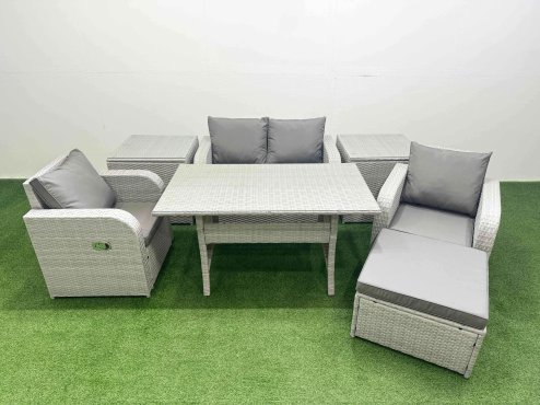 Fimous Light Grey PE Wicker Rattan Garden Furniture Set Sofa Set Reclining Chair Rectangular Dining Table 5 Seater With Footstool 2 Side Table