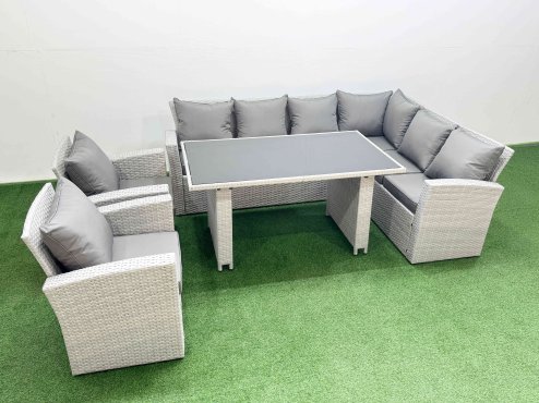 Fimous Outdoor Garden Furniture Sets 8 Seater Wicker Rattan Corner Sofa Sets with Rectangular Dining Table Lounge Sofa 2 Armchair Light Grey