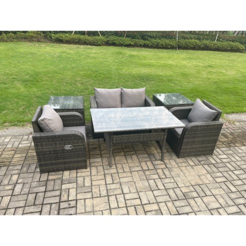 Fimous Outdoor Rattan Garden Furniture Lounge Sofa Set With Oblong Rectangular Dining Table 2 PC Reclining Chair 2 PC Side Tables