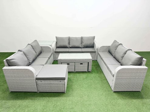 Fimous PE Rattan Lounge Sofa Set 12 Seater Outdoor Garden Furniture Set with Oblong Coffee Table 3 Seater Sofa 3 Stools Side Table Light Grey