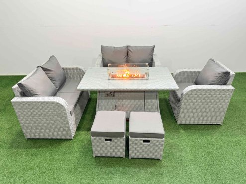 Fimous High Back Poly Rattan Garden Furniture Set with Reclining Chair Loveseat Sofa Firepit Dining Table Indoor Outdoor Patio Set 2 Stool Light Grey