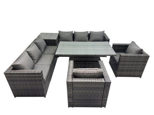 Fimous 8 Seater Outdoor Corner Sofa Height Adjustable Rising Lifting Table Set Garden Rattan Furniture Set with Side Table Dark Grey