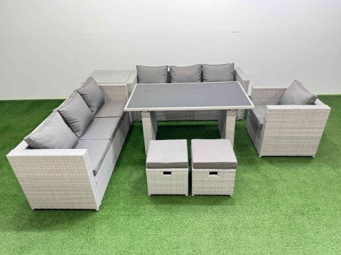 Fimous Patio Garden Furniture Sets with Black Glass Top Dining Table 3 Seater Sofa Armchair Side Table 2 Small Stool Light Grey