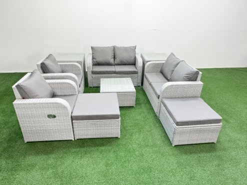 Fimous 8 Seater Outdoor Reclining Chair Love Sofa Set Rattan Garden Furniture Set with Square Coffee Table 2 Big FootStools 2 Side Table Light Grey