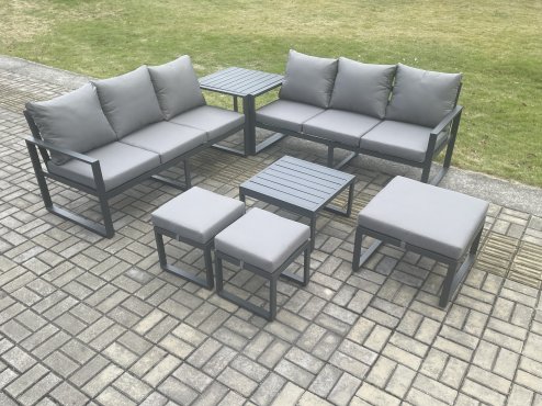 Fimous Aluminium 9 Seater Outdoor Garden Furniture Lounge Sofa Set with Square Coffee Table 3 Footstools Side Table Dark Grey