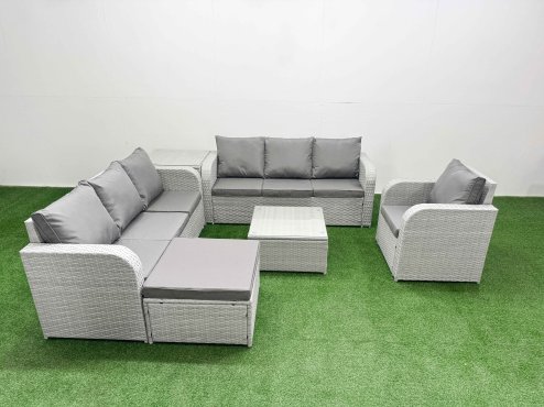 Fimous 8 Seater Poly Rattan Outdoor Garden Furniture Square Coffee Table Sofa Set Patio 3 Seater Sofa Reclining Chair 3 Seater Sofa Big Footstool Side Table Light Grey Image