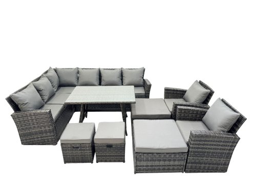 Fimous 11 Seat Rattan High Back Corner Sofa Set Patio Dining Table Set with 4 Stools 2 Chairs Dark Grey Mixed