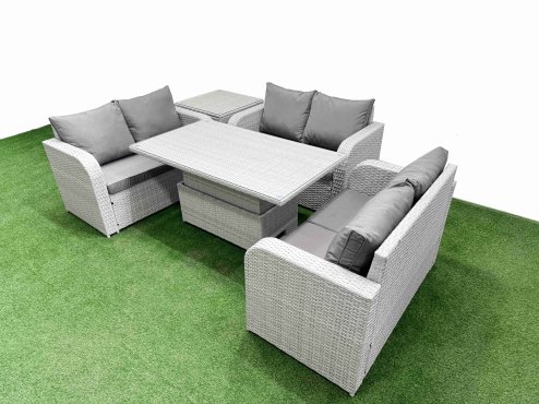 Fimous 6 Seater PE Wicker Rattan Furniture Sofa Sets with Adjustable Lifting Dining or Coffee Table 2 Seater Love Sofa Side Table Light Grey