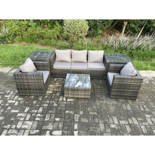 Fimous Wicker 6 Pieces Rattan Garden Furniture Sofa Set with Armchair 2 Side Tables Square Coffee Table Dark Grey Mixed