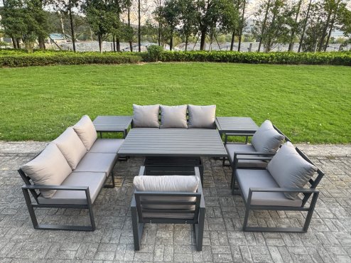 Fimous 7 Piece Garden Furniture Set 9-Seater Aluminium Outdoor Dining Set with Adjustable Rising Lifting Dining Table & Cushions Side Table 3 Chairs Dark Grey